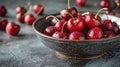 Fresh sweet cherries bowl with leaves in water drops on blue stone background, top view Royalty Free Stock Photo