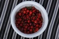 Fresh sweet cherry in a white cup on a striped background Royalty Free Stock Photo