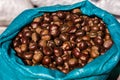 Fresh sweet chestnuts in the big sack at the Christmas market Royalty Free Stock Photo
