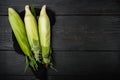 Fresh sweet corn cobs, on black dark stone table background, top view flat lay, with copy space for text Royalty Free Stock Photo