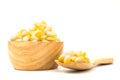 fresh sweet corn in wood bowl and spoon isolated Royalty Free Stock Photo