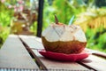 Fresh, sweet and delicious coconut on a wooden table Royalty Free Stock Photo