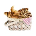 Fresh sweet pastries in wicker basket with croissants and buns watercolor illustration for picnic and bakery designs Royalty Free Stock Photo