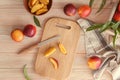 Fresh sweet peaches with board on wooden table Royalty Free Stock Photo