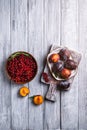 Fresh sweet plum fruits whole and sliced in plate with rosemary leaves on old cutting board with red currant berries Royalty Free Stock Photo