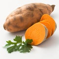 Fresh sweet potato on photo, white background