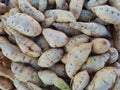 Fresh sweet potatoes in a market stall, closeup of photo. Royalty Free Stock Photo