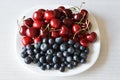 Fresh sweet red cherries with blue bilberries