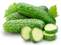 Fresh sweet small cucumbers and cucumber slices isolated on white background. Cucumbers that are used to pickling or slicing