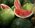 Fresh sweet water melons on market stall as background Royalty Free Stock Photo
