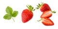 Fresh sweet whole and sliced strawberry and leaf closeup flying isolated on a white Royalty Free Stock Photo