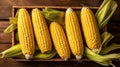 Fresh sweetcorn cobs in a wooden box. Top view.