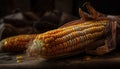 Fresh sweetcorn on rustic table in autumn generated by AI