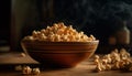 Fresh sweetcorn in wooden bowl, perfect movie snack generated by AI
