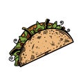 Fresh taco vector icon. Traditional Mexican fast food with meat, vegetables, lettuce. Tasty street snack wrapped in a Royalty Free Stock Photo