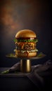Fresh tall hot delicious grilled beef burger on golden plate. Generative AI
