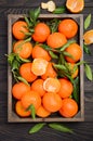 Fresh tangerine clementine with leaves in wooden tray on dark wooden background Royalty Free Stock Photo