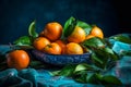 Fresh Tangerines, mandarins with green leaves on classic blue background. AI generated.