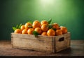 Fresh tangerines in wooden box on rustic table