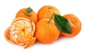 Fresh tangerines and peeled fruit on white background