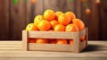 Fresh tangerines in wooden box on wooden table. 3d render Generative AI