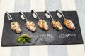 Fresh tartar Norwegian salmon on a small spoon on a black plate Royalty Free Stock Photo