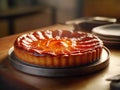 Fresh tarte tatin, upside down apple tart on black plate on wooden table, traditional french apple pie with caramelized apples.