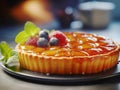 Fresh tarte tatin, upside down apple tart decorated with mint leaves and berries on dark plate, traditional french apple pie with