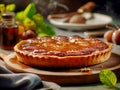 Fresh tarte tatin, upside down apple tart on wooden board tray or cut board, traditional french apple pie with caramelized apples