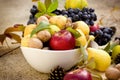 Fresh tasteful autumn organic fruit in bowl - healthy seasonal food