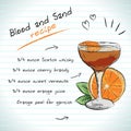 Blood And Sand cocktail, vector sketch hand drawn illustration, fresh summer alcoholic drink with recipe and fruits