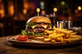 Fresh tasty beef burger with french fries, cafe on background