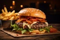 Fresh tasty beef burger with french fries on dark background