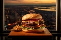 Fresh tasty beef burger with french fries, town on background