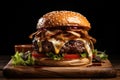 Fresh tasty beef burger on wooden board, dark background