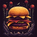 Fresh tasty big burger art in cosmic style on black background