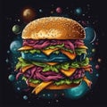 Fresh tasty big burger art in cosmic style on black background
