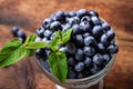 Fresh tasty blueberries with mint leaves in a glass bowl on a dark wooden background Royalty Free Stock Photo