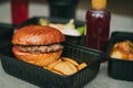 Food delivery lunch. Fresh tasty burger on dark background Royalty Free Stock Photo