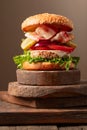 Fresh tasty burger on a wooden cutting board Royalty Free Stock Photo