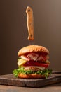 Fresh tasty burger on a wooden cutting board Royalty Free Stock Photo