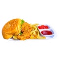fresh tasty chicken katsu burger set with fries and dipping sauce isolated on white background Royalty Free Stock Photo