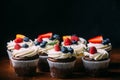 Fresh tasty chocolate cupcakes with berries. Selective focus. Dark wooden background.Rustic style, place for text Royalty Free Stock Photo