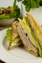 Fresh tasty club sandwich with cheese and ham on table