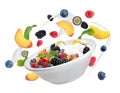 Fresh tasty fruit salad with yogurt on background Royalty Free Stock Photo