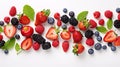 Fresh and tasty fruits strawberry, blackberry, blueberry, mixed berries and mint on white background, healthy food nutrition and Royalty Free Stock Photo