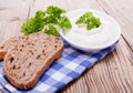 Fresh tasty herbal creme cheese and bread Royalty Free Stock Photo