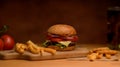 Fresh tasty homemade bacon burger with french fries on wooden tray Royalty Free Stock Photo