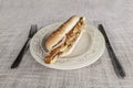 Fresh tasty hot dog with fried onions and fresh lettuce with mustard on a porcelain plate with fork and knife Royalty Free Stock Photo