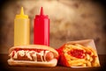 Fresh and tasty hot dog with fried potatoes